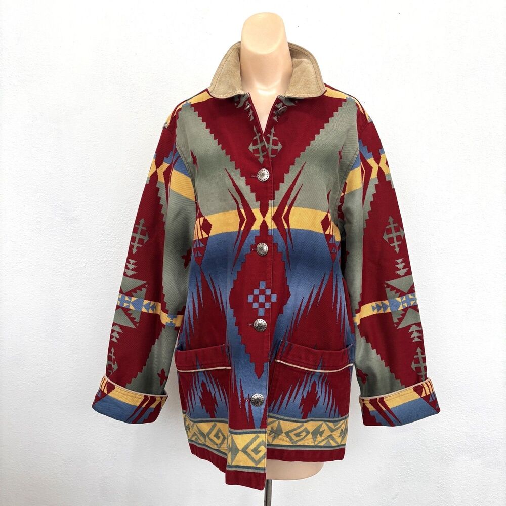 Jones New York Aztec Chore Coat Medium Southwest Canvas Barn Jacket Vintage 90s - Picture 2 of 10